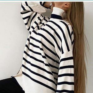 Never Been Worn- Women’s Striped Turtleneck Split Side Oversized Knit Sweater